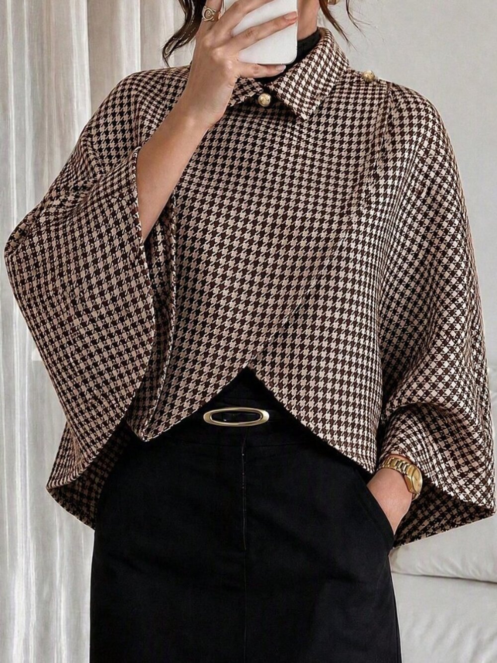 Brown Casual Women's Houndstooth Print Lapel Batwing Sleeve Cape Coat